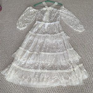 NEEDLE & THREAD WHITE LACE TIERED MIDI DRESS SIZE 2